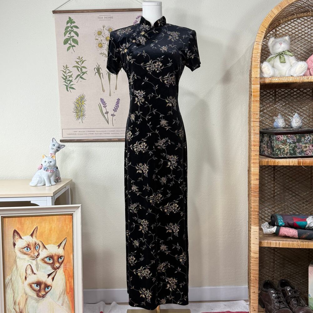 90s Y2k Floral Velvet Glitter Qipao Dress Dark Fairy Romantic Sexy Witchy S 6 - Picture 2 of 8